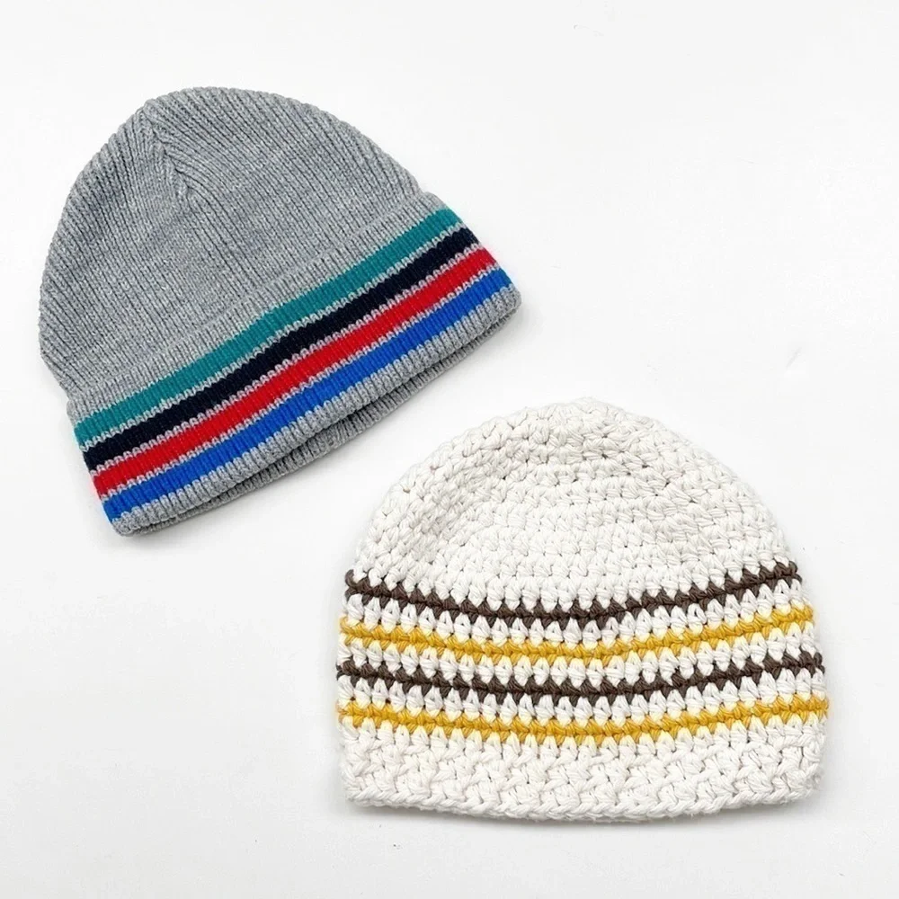 Set of striped knit baby beanies